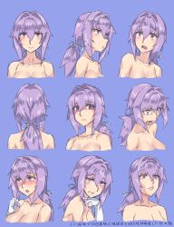 Rule 34 | 10s, 1girl, blush, breasts, expression chart, expressions, female admiral (kancolle), gloves, kanata (evuoaniramu), kantai collection, large breasts, light purple hair, long hair, looking at viewer, mizuumi (bb), multiple views, open mouth, playing with own hair, ponytail, purple eyes, shaded face, smile, surprised