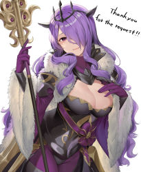 Rule 34 | 1girl, armor, black leotard, breasts, camilla (fire emblem), cape, cleavage, closed mouth, fake horns, fire emblem, fire emblem fates, fire emblem heroes, fur trim, gloves, hair over one eye, haru (nakajou-28), holding, holding polearm, holding weapon, horns, large breasts, leaning forward, leg armor, leotard, long hair, looking at viewer, nintendo, official alternate costume, pantyhose, polearm, purple eyes, purple gloves, purple hair, purple pantyhose, simple background, solo, tiara, very long hair, wavy hair, weapon, white background, wide sleeves