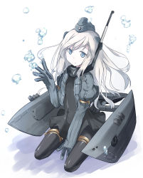 Rule 34 | 10s, 1girl, beize (garbage), between legs, black dress, black pantyhose, blonde hair, blue eyes, bubble, cropped jacket, dress, garrison cap, hat, highres, kantai collection, long hair, long sleeves, machinery, military, military uniform, open mouth, pale skin, pantyhose, puffy long sleeves, puffy sleeves, sitting, solo, u-511 (kancolle), uniform