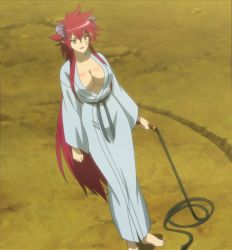 Rule 34 | 1girl, anime screenshot, breasts, cleavage, demon horns, enki (momo kyun sword), horns, long hair, momo kyun sword, red hair, screencap, standing, tagme, whip