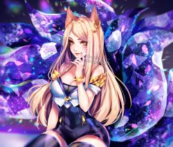 Rule 34 | 1girl, ahri (league of legends), animal ears, blonde hair, breasts, choker, cleavage, facial mark, fox ears, highres, jewelry, k/da (league of legends), k/da ahri, league of legends, long hair, makeup, sasucchi95, solo, thighhighs, whisker markings, yellow eyes