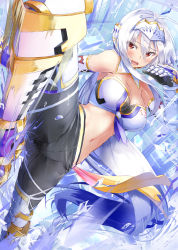Rule 34 | 1girl, absurdly long hair, armor, armored boots, bandeau, bare shoulders, boots, breasts, cleavage, daidou (demitasse), gauntlets, highres, large breasts, long hair, looking at viewer, midriff, pants, ponytail, red eyes, silver hair, solo, strapless, tube top, very long hair, vocaloid, yowane haku