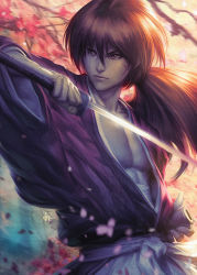 Rule 34 | 1boy, collarbone, facial mark, glint, highres, himura kenshin, japanese clothes, katana, long hair, male focus, manly, muscular, parted lips, petals, ponytail, red hair, rurouni kenshin, scar, signature, solo, stanley lau, sword, weapon, wide sleeves