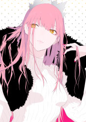 Rule 34 | 1girl, breasts, brown eyes, closed mouth, commentary, fate/grand order, fate (series), fingernails, fur collar, hair between eyes, hand in own hair, hand up, highres, long hair, looking away, looking to the side, medb (fate), nail polish, pink hair, pink nails, ribbed sweater, ryokucha (i cobalt), simple background, small breasts, solo, sweater, tiara, white background, white sweater