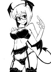 Rule 34 | 1girl, alternate hair length, alternate hairstyle, arm up, bat wings, bespectacled, bra, breasts, contrapposto, demon tail, garter belt, garter straps, glasses, greyscale, hand on own chest, head wings, highres, index finger raised, koakuma, large breasts, looking at viewer, low wings, maru-sun, monochrome, navel, panties, short hair, simple background, slit pupils, smile, solo, standing, tail, thighhighs, touhou, underwear, underwear only, white background, wings
