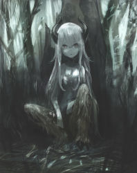 Rule 34 | 1girl, blue skin, colored skin, demon, forest, hooves, horns, long hair, monochrome, monster girl, muted color, nature, nude, original, satyr, sitting, sketch, solo, toi (number8), white hair