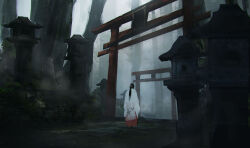 Rule 34 | 1other, architecture, black hair, commentary, dark, east asian architecture, forest, from behind, hakama, haru akira, highres, japanese clothes, long hair, miko, moss, multiple torii, nature, original, red hakama, scenery, shrine, solo, standing, stone lantern, torii, tree
