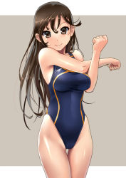 Rule 34 | 1girl, blush, breasts, brown eyes, brown hair, competition swimsuit, cowboy shot, female focus, highleg, highleg swimsuit, katahira masashi, large breasts, long hair, looking at viewer, one-piece swimsuit, original, shiny skin, simple background, smile, solo, stretching, swimsuit, taut clothes, thigh gap