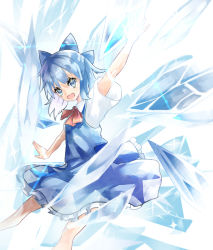 Rule 34 | 1girl, blue eyes, blue hair, bow, cirno, hair bow, ice, ice wings, matching hair/eyes, open mouth, simple background, skirt, skirt set, smile, solo, touhou, wings, zhu xiang