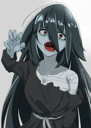 Rule 34 | 10s, 1girl, bandaged neck, bandages, black hair, blue skin, colored skin, eyes visible through hair, gradient background, green skin, hair between eyes, hand up, highres, long hair, looking at viewer, lotus12000, open mouth, red eyes, simple background, solo, standing, uvula, very long hair, yamada tae, zombie, zombie land saga