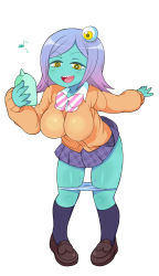 Rule 34 | 10s, 1girl, alien, alternate breast size, black socks, blazer, cellphone, colored skin, daioh, extra eyes, green skin, highres, implied sex, impossible clothes, impossible sweater, jacket, kneehighs, loafers, looking at phone, midori (uchuu patrol luluco), multicolored hair, musical note, open mouth, panties, panty pull, phone, pink hair, plaid, plaid skirt, pleated skirt, purple hair, quaver, school uniform, sharp teeth, shoes, skirt, smartphone, smile, socks, solo, spoken musical note, striped clothes, striped panties, sweater, teeth, two-tone hair, uchuu patrol luluco, underwear, yellow eyes