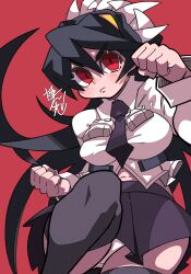 Rule 34 | 1girl, black hair, breasts, clenched hands, filia (skullgirls), highres, knee up, large breasts, long hair, necktie, panties, pleated skirt, pout, red background, red eyes, school uniform, skirt, skullgirls, solo, thighhighs, underwear, upskirt, yaki usagi