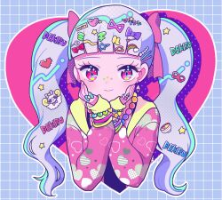 Rule 34 | 1girl, bead necklace, beads, blunt bangs, bow, bracelet, catchphrase, character hair ornament, closed mouth, cropped torso, decora, earrings, grey hair, hair ornament, hairclip, hands on own cheeks, hands on own face, hands up, heart, heart hair ornament, heart print, idol time pripara, jacket, jewelry, koda michiru, koyoshi yoko, long hair, long sleeves, looking at viewer, miichiru (pripara), necklace, outline, pink bow, pink jacket, pitsuji, pixel heart, pretty series, pripara, purple bow, red eyes, ring, sheep, sleeves past wrists, smile, solo, star (symbol), star hair ornament, twintails, upper body, wavy hair, white outline