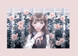 Rule 34 | 1girl, absurdres, apron, black apron, border, bow, brown eyes, brown hair, camellia, crying, crying with eyes open, dress, eyebrows hidden by hair, fence, flower, flower on mouth, foliage, hair bow, hand on own chest, highres, leaf, long hair, long sleeves, looking at viewer, muted color, original, pinafore dress, pink border, pink bow, pink flower, pink ribbon, plant, ribbon, sakuraba nao, shirt, sleeveless dress, solo, tears, two side up, white shirt