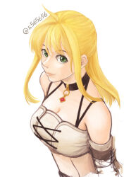 Rule 34 | 1girl, blonde hair, choker, closed mouth, commentary, detached sleeves, fiora (xenoblade), green eyes, jewelry, long hair, looking at viewer, midriff, s565656, simple background, smile, solo, white background, xenoblade chronicles (series), xenoblade chronicles 1