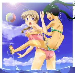 Rule 34 | 00s, 2girls, ahoge, ass, bad id, bad pixiv id, ball, beachball, bikini, braid, breasts, butt crack, carrying, day, feet, flip-flops, francesca lucchini, grabbing, grabbing another&#039;s breast, highres, lens flare, light rays, lynette bishop, medium breasts, multiple girls, one-piece swimsuit, open mouth, piggyback, riding, sandals, sashisu, side-tie bikini bottom, sideways mouth, strike witches, striped bikini, striped clothes, sunbeam, sunlight, swimsuit, toes, twintails, wading, water, world witches series