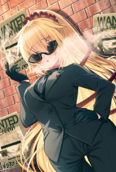 Rule 34 | 1girl, akai haato, alternate costume, bar censor, black gloves, black jacket, black necktie, black pants, black shirt, black suit, blonde hair, blush, breasts, censored, cigarette, dollar sign, gloves, hair ornament, hairclip, hand on own hip, hand up, heart, heart hair ornament, highres, holding, holding cigarette, hololive, jacket, long hair, magowasabi, necktie, open mouth, pants, ponytail, poster (object), shirt, solo, suit, sunglasses, thigh gap, very long hair, virtual youtuber, wall, wanted