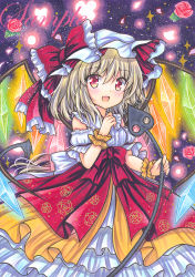 Rule 34 | 1girl, :d, alternate costume, blonde hair, blush, bow, breasts, crystal, dress, fang, flandre scarlet, flower, frilled bow, frilled dress, frilled shirt collar, frills, hair between eyes, hat, hat bow, holding, laevatein (touhou), layered dress, looking at viewer, marker (medium), medium hair, mob cap, open mouth, rainbow order, red bow, red flower, red rose, rose, rui (sugar3), sample watermark, small breasts, smile, solo, touhou, traditional media, watermark, white hat, wings, wrist cuffs