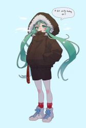 1girl blue_background blush brown_coat brown_shorts coat commentary dddagneo english_commentary english_text full_body fur-trimmed_coat fur_trim gradient_hair green_eyes green_hair grey_footwear hair_between_eyes hands_in_pockets hatsune_miku highres long_hair long_sleeves looking_at_viewer multicolored_hair open_mouth red_socks shorts simple_background socks solo speech_bubble standing steam teeth twintails united_states upper_teeth_only very_long_hair vocaloid winter_clothes winter_coat worldwide_miku