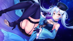 Rule 34 | 1girl, black panties, black ribbon, blue footwear, blue gloves, blue headwear, blue skirt, blue sleeves, blush, boots, breasts, brown eyes, choker, cleavage, closed mouth, colette (yuukyuu no campanella), detached sleeves, floating hair, game cg, garter straps, gloves, hair between eyes, hair ribbon, high heel boots, high heels, ko~cha, large breasts, long hair, long sleeves, panties, ribbon, sideboob, silver hair, skirt, sky, smile, solo, star (sky), starry sky, thigh boots, thighhighs, twintails, underwear, very long hair, white choker, yuukyuu no campanella
