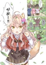 Rule 34 | &gt;:o, + +, 1boy, 3girls, ahoge, animal ear fluff, animal ears, baseball cap, blouse, capelet, center frills, check translation, claw pose, comic, dress, fang, forest, frilled dress, frills, furrowed brow, hat, hiding, light brown hair, little red riding hood, little red riding hood (grimm), long hair, long sleeves, multiple girls, nature, original, pleated skirt, shaded face, shirt, short hair, short sleeves, shorts, skirt, tail, translation request, tree, v-shaped eyebrows, very long hair, wataame27, wavy hair, white shirt, wolf ears, wolf tail