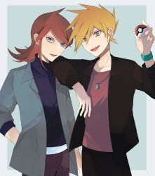 Rule 34 | 2boys, alternate costume, arm on another&#039;s shoulder, belt, black jacket, black pants, blue eyes, blue oak, border, brown pants, commentary request, creatures (company), game freak, grey jacket, hair between eyes, hand up, highres, holding, holding poke ball, jacket, jewelry, long hair, male focus, multiple boys, necklace, nintendo, norisukep, open mouth, orange hair, pants, poke ball, poke ball (basic), pokemon, pokemon hgss, red hair, red shirt, shirt, short hair, silver (pokemon), smile, spiked hair, tongue, white belt, wristband