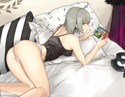 Rule 34 | 1girl, ahoge, ass, bare shoulders, bed, black shirt, breasts, camisole, cape, casual, covered erect nipples, fate/grand order, fate (series), grey hair, handheld game console, harebunny, headpiece, highres, holding, holding handheld game console, indoors, jeanne d&#039;arc (fate), jeanne d&#039;arc alter (avenger) (fate), jeanne d&#039;arc alter (fate), looking at viewer, looking back, lying, medium breasts, nintendo switch, on bed, on side, panties, pillow, playing games, purple cape, shirt, short hair, thighs, underwear, underwear only, white panties, yellow eyes