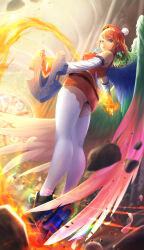 1girl absurdres ass beret black_panties chef_hat detached_sleeves earrings feather_earrings feathered_wings feathers fire from_behind from_below gradient_hair green_hair hat highres hololive hololive_english jewelry kneepits looking_at_viewer looking_back miniskirt multicolored_hair orange_hair panties pantyshot purple_eyes sengo_tubasa shield skirt smile solo takanashi_kiara takanashi_kiara_(1st_costume) thighhighs underwear upskirt virtual_youtuber white_thighhighs wings
