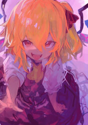 Rule 34 | 1girl, :d, absurdres, ascot, blonde hair, dress, flandre scarlet, hair between eyes, hair ribbon, highres, kaamin (mariarose753), looking at viewer, one side up, open mouth, puffy short sleeves, puffy sleeves, purple theme, red eyes, ribbon, short sleeves, sketch, smile, solo, teeth, touhou, upper teeth only, wings, yellow ascot