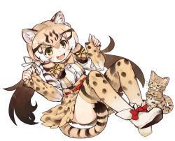 Rule 34 | &gt; &lt;, 10s, 1girl, animal, animal ears, blonde hair, blush, boots, bow, bowtie, brown hair, cat, cat ears, closed eyes, fangs, full body, geoffroy&#039;s cat, geoffroy&#039;s cat (kemono friends), gradient legwear, hair bow, itukitasuku, kemono friends, long hair, long sleeves, multicolored clothes, multicolored hair, multicolored legwear, open mouth, skirt, smile, striped tail, suspenders, tail, thighhighs, twintails, v-shaped eyebrows