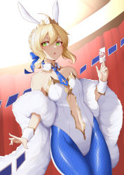 Rule 34 | 1girl, ace (playing card), ace of hearts, ahoge, alternate costume, animal ears, artoria pendragon (all), artoria pendragon (fate), artoria pendragon (swimsuit ruler) (fate), artoria pendragon (swimsuit ruler) (fate) (cosplay), blonde hair, blue neckwear, blue pantyhose, blue ribbon, breasts, card, chestnut mouth, clothing cutout, cosplay, detached collar, fake animal ears, fate/grand order, fate (series), feather boa, fishnet pantyhose, fishnets, green eyes, hair bun, hair ribbon, heart, highleg, highleg leotard, highres, holding, holding card, leotard, navel cutout, pantyhose, playboy bunny, playing card, rabbit ears, ribbon, saber (fate), single hair bun, small breasts, solo, sword, weapon, white leotard, wrist cuffs, z-jun.dd-zhong