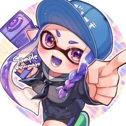 Rule 34 | 1girl, baseball cap, bike shorts, blue hat, commentary request, green footwear, gun, hat, holding, holding gun, holding weapon, index finger raised, inkling, inkling girl, inkling player character, long hair, multicolored background, nintendo, open mouth, pointy ears, purple eyes, purple hair, sailor collar, sailor shirt, shina shina, shirt, shoes, smile, solo, splatoon (series), splatoon 3, splattershot jr (splatoon), star (symbol), star in eye, symbol in eye, teeth, tentacle hair, weapon, white background
