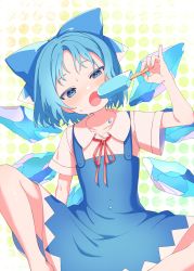 Rule 34 | 1girl, absurdres, blue bow, blue eyes, blue hair, blush, bow, cirno, collarbone, dress, e sdss, flat chest, food, hair bow, highres, holding, holding food, hot, ice, ice cream, ice wings, neck ribbon, open mouth, pinafore dress, puffy short sleeves, puffy sleeves, red ribbon, ribbon, short hair, short sleeves, sleeveless dress, solo, sweatdrop, touhou, wings