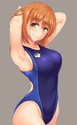 Rule 34 | 1girl, absurdres, adjusting hair, airi (satosi), armpits, arms behind head, arms up, bare arms, bare shoulders, blue one-piece swimsuit, blush, breasts, closed mouth, clothes writing, competition swimsuit, cowboy shot, from side, grey background, highres, looking at viewer, looking to the side, medium breasts, one-piece swimsuit, original, satosi, shiny skin, simple background, solo, standing, swimsuit, thighs