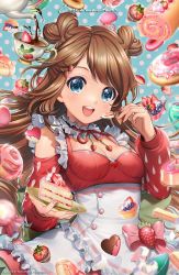 Rule 34 | 1girl, apron, blue eyes, blush, breasts, brown hair, cake, cake slice, cleavage, dessert, doughnut, eating, emirichu (character), food, fruit, looking at viewer, maid, maid apron, medium breasts, nail polish, open mouth, smile, solo, soundlesswind, spoon, strawberry, tea