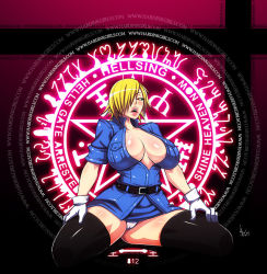 Rule 34 | 1girl, blonde hair, breasts, cleavage, curvy, cyberunique, fang, gloves, hair over one eye, hellsing, huge breasts, kneeling, lips, miniskirt, naughty face, panties, pantyshot, red eyes, seras victoria, skirt, solo, thick thighs, thighs, underwear, uniform, upskirt, wide hips