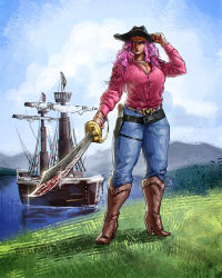 Rule 34 | 1girl, absurdres, aliasartworks, blue pants, boots, brown footwear, charlotte linlin, closed mouth, cloud, cloudy sky, commentary, cowboy boots, dagger, denim, english commentary, full body, hat, highres, holding, holding sword, holding weapon, jeans, jewelry, knife, long hair, long sleeves, necklace, one piece, outdoors, pants, pearl necklace, pink hair, pink shirt, pirate, pirate costume, pirate hat, ring, ship, shirt, sky, smile, solo, standing, sword, watercraft, weapon