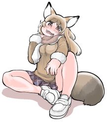 Rule 34 | 10s, 1girl, animal ears, blonde hair, blue skirt, blush, brown eyes, character request, fangs, fox ears, fox tail, fur trim, hare (tetterutei), highres, kemono friends, knee up, long sleeves, open mouth, pleated skirt, scarf, shoes, simple background, skirt, smile, solo, sweatdrop, sweater, tail, white background, white footwear