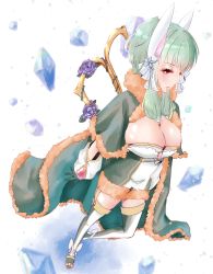 Rule 34 | 1girl, absurdres, animal ears, black gloves, breasts, cape, cleavage, closed mouth, commentary request, crystal, dress, expressionless, flower, fukurou (usotukunayona), full body, fur-trimmed cape, fur-trimmed dress, fur trim, garter straps, gloves, green cape, green dress, green hair, grey thighhighs, highres, large breasts, looking at viewer, medium hair, official alternate costume, purple flower, rabbit ears, ragnarok online, red eyes, rose, sandals, short dress, sidelocks, solo, thighhighs, two-tone dress, two-tone legwear, warlock (ragnarok online), white dress, white thighhighs, yellow footwear