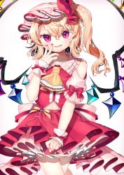 Rule 34 | 1girl, ascot, blonde hair, commentary request, contrapposto, cowboy shot, crossed legs, fangs, fingernails, fingers to cheek, flandre scarlet, frilled skirt, frills, gunjou row, hair between eyes, hat, hat ribbon, head tilt, highres, looking at viewer, mob cap, nail polish, one side up, open mouth, petticoat, pink hat, pink shirt, raglan sleeves, red eyes, red nails, red skirt, red vest, ribbon, shirt, short hair, simple background, skirt, slit pupils, smirk, solo, standing, touhou, vest, white background, wings, wrist cuffs, yellow ascot