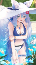 Rule 34 | 1girl, absurdres, animal ear fluff, animal ears, bead necklace, beads, bikini, blue hair, blue nails, blurry, blurry background, blush, bracelet, breasts, bridal garter, cleavage, ears through headwear, fangs, fingernails, flower, fox ears, fox girl, fox tail, green eyes, hair flower, hair ornament, hat, hibiscus, highres, holding own arm, indie virtual youtuber, inui (inuiw ), jewelry, long hair, mada mael (vtuber), multicolored hair, nail polish, navel, necklace, open mouth, outdoors, pool, sharp fingernails, smile, solo, streaked hair, sun hat, swimsuit, tail, virtual youtuber, wading, water, wolf, wolf ears, wolf girl, wolf tail