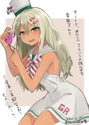 Rule 34 | 1girl, absurdres, blonde hair, border, commentary request, cowboy shot, crime prevention buzzer, dress, grecale (kancolle), green eyes, grey background, highres, kantai collection, long hair, looking at viewer, low-cut armhole, neckerchief, one-hour drawing challenge, ribbon, sailor collar, sailor dress, side-tie dress, sleeveless, sleeveless dress, solo, striped neckerchief, striped neckwear, tan, toriniku senshi chikinman, translation request, two-tone background, wavy hair, white border, white dress, white ribbon, white sailor collar