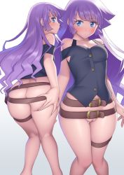 Rule 34 | 1girl, ass, ass grab, bare shoulders, belt, blue eyes, blush, bottomless, breasts, butt crack, cleft of venus, deep skin, from behind, highres, kirishima romin, long hair, looking at viewer, looking back, medium breasts, multiple views, purple hair, pussy, small breasts, standing, suzume inui, yu-gi-oh!, yu-gi-oh! sevens