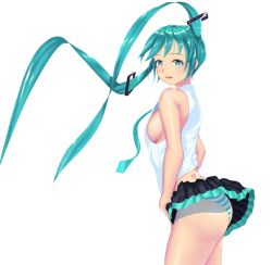 Rule 34 | 00s, 1girl, aqua eyes, aqua hair, ass, bare shoulders, breasts, clothes lift, hatsune miku, highres, huge ass, koba (furikake-p), large breasts, light smile, long hair, looking at viewer, matching hair/eyes, necktie, no bra, panties, parted lips, sideboob, simple background, skirt, skirt lift, solo, standing, striped clothes, striped panties, tank top, tattoo, twintails, underwear, vocaloid, white background, wind, wind lift
