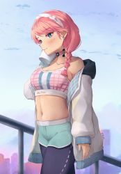 Rule 34 | 1girl, arknights, bare shoulders, blue eyes, blue nails, blue pants, blue poison (arknights), blue poison (shoal beat) (arknights), blue shorts, blue sky, blush, braid, breasts, choker, cleavage, cloud, collarbone, commentary, cowboy shot, crop top, d.birb, day, earrings, hairband, highres, jacket, jewelry, large breasts, leggings, leggings under shorts, long hair, long sleeves, midriff, nail polish, navel, off shoulder, official alternate costume, open clothes, open jacket, outdoors, pants, pantyhose, parted lips, pink choker, pink hair, railing, short shorts, shorts, sky, solo, spaghetti strap, sports bra, standing, stomach, thighs