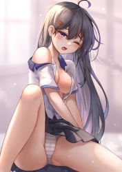 Rule 34 | 1girl, absurdres, ahoge, bad id, bad pixiv id, bare legs, bare shoulders, black hair, blush, breasts, cameltoe, cleavage, collarbone, covered erect nipples, fang, hair between eyes, hair ornament, hairclip, highres, knee up, long hair, looking at viewer, medium breasts, no bra, one eye closed, open clothes, open mouth, open shirt, original, panties, partially unbuttoned, pleated skirt, purple eyes, school uniform, skin fang, skirt, solo, striped clothes, striped panties, underwear, very long hair, yelan xing xuan
