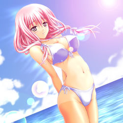 Rule 34 | 1girl, arms behind back, bad id, bad pixiv id, bikini, breasts, cleavage, cloud, day, dutch angle, jnr-m, large breasts, lens flare, navel, original, pink eyes, pink hair, short hair, solo, standing, swimsuit, tan, tanline