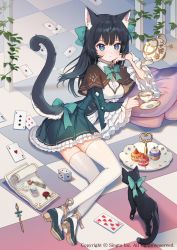 Rule 34 | 1girl, ace (playing card), ace of diamonds, ace of hearts, ace of spades, animal, animal ears, arm support, bad id, bad pixiv id, black cat, black hair, blue eyes, blush, brown capelet, capelet, card, cat, cat ears, cat girl, cat tail, checkered floor, closed mouth, club (shape), collared shirt, cup, cupcake, diamond (shape), dice, dress, dress shirt, food, frilled pillow, frills, green dress, heart, holding, holding cup, laurelfalcon, long hair, long sleeves, looking at viewer, official art, on floor, panties, pillow, playing card, pleated dress, saucer, shirt, sid story, solo, spade (shape), tail, teacup, teapot, thighhighs, underwear, white shirt, white thighhighs, wide sleeves, witch