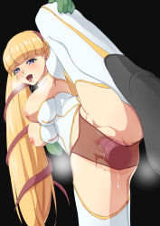 Rule 34 | 1girl, anus, armpits, black background, blonde hair, blue eyes, blush, boots, breasts, breasts out, censored, code geass, gloves, green gloves, groin, hair ornament, hair ribbon, highres, large breasts, leg up, long hair, monica kruszewski, mosaic censoring, nipples, no bra, open mouth, panties, pussy, pussy juice, ribbon, sakamata (sakamata4), saliva, see-through, shiny skin, simple background, smile, solo, spread legs, thigh boots, thighhighs, thong, tongue, tongue out, twintails, underwear