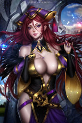 Rule 34 | 1girl, ayya sap, bare shoulders, blush, breasts, cleavage, commentary, commission, dress, earrings, english commentary, feather trim, fire emblem, fire emblem heroes, grin, hair between eyes, hand on own chest, hat, jewelry, large breasts, lips, loki (fire emblem), long hair, looking at viewer, nail polish, nintendo, pinup (style), purple eyes, purple nails, red hair, smile, solo, thighs